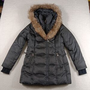 Betsey Johnson Coat Womens Medium Black Taupe Puffer Faux Fur Hood Cheetah